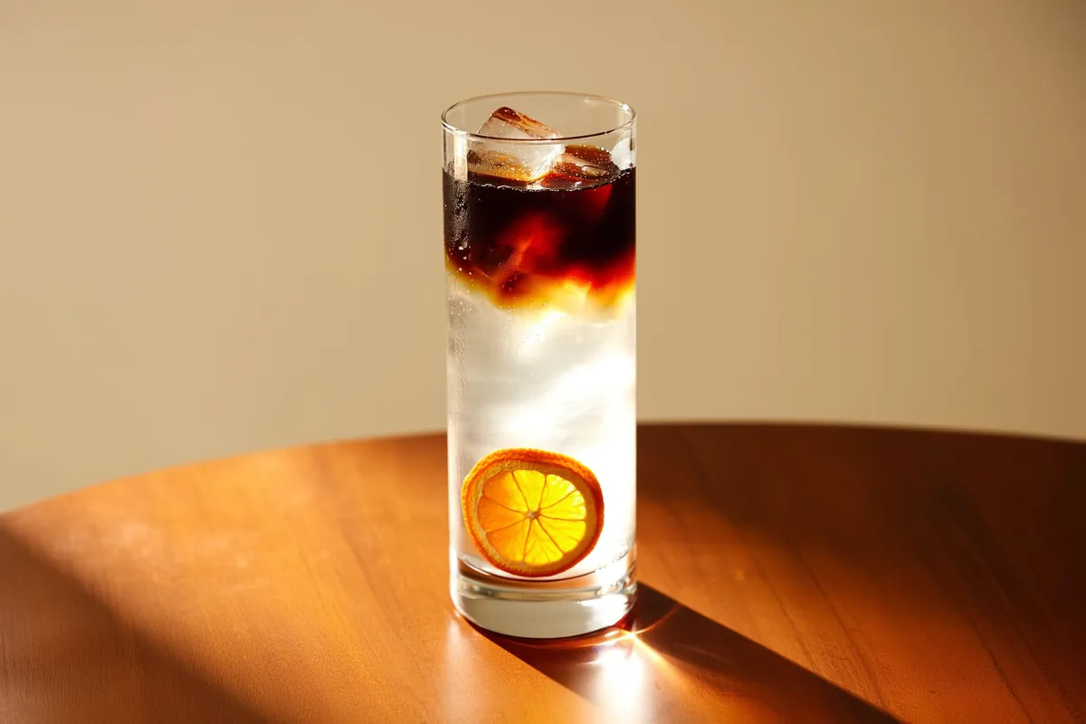 Espresso Tonic im hohen Glas: dunkler Cold Brew über sprudelndem Tonic Water, Eiswürfel und eine getrocknete Orangenscheibe